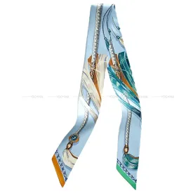 2023AW HERMES scarf Twilly Cavalcades Bleu Ciel/Creme/Vert Silk100%[BRAND NEW][Authentic]