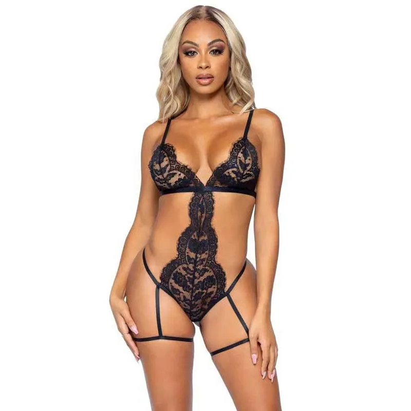 All Romance Lace Teddy and Robe Set - Medium -  Black