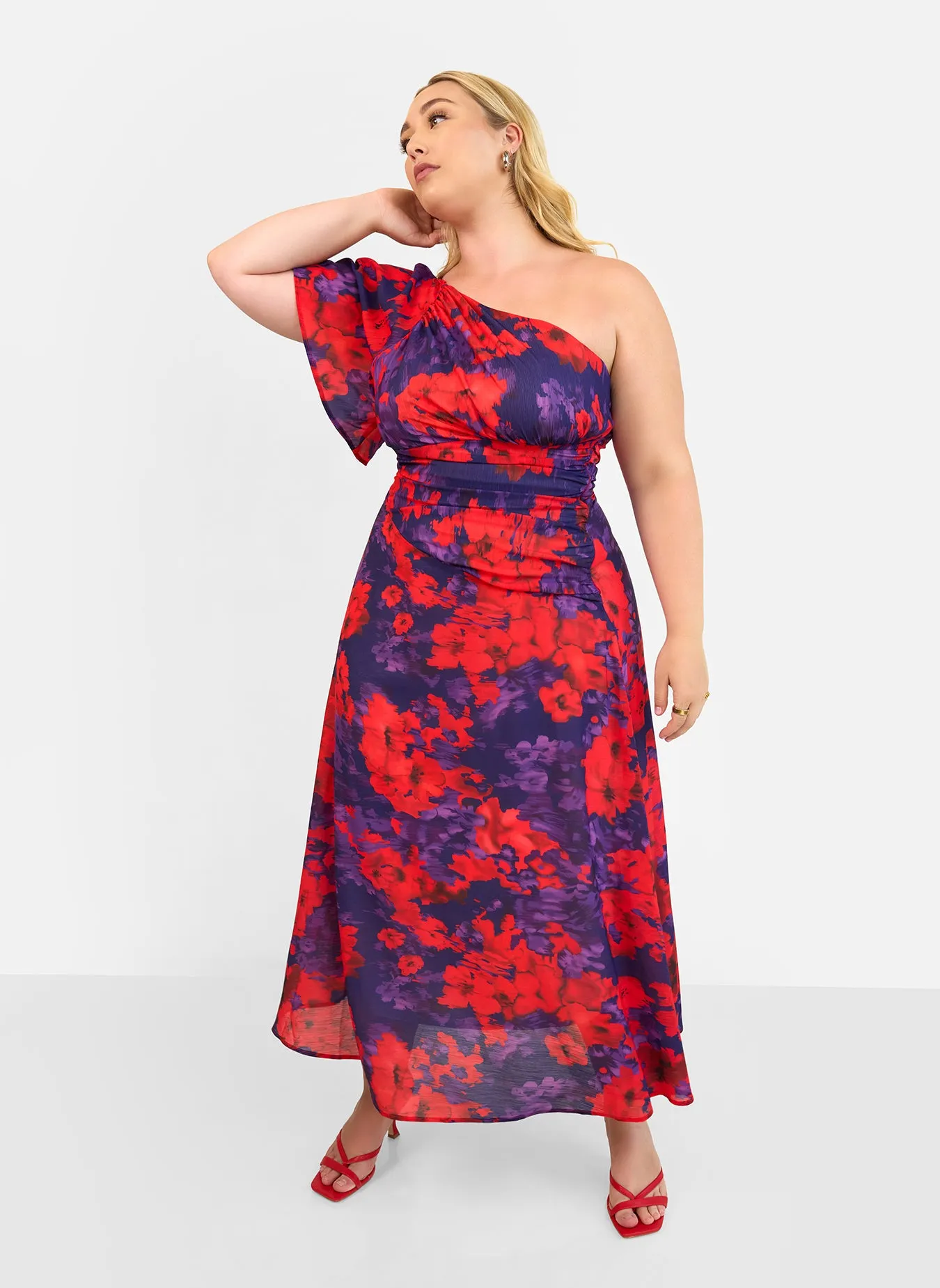 Aurora Floral One Shoulder Maxi A Line Dress