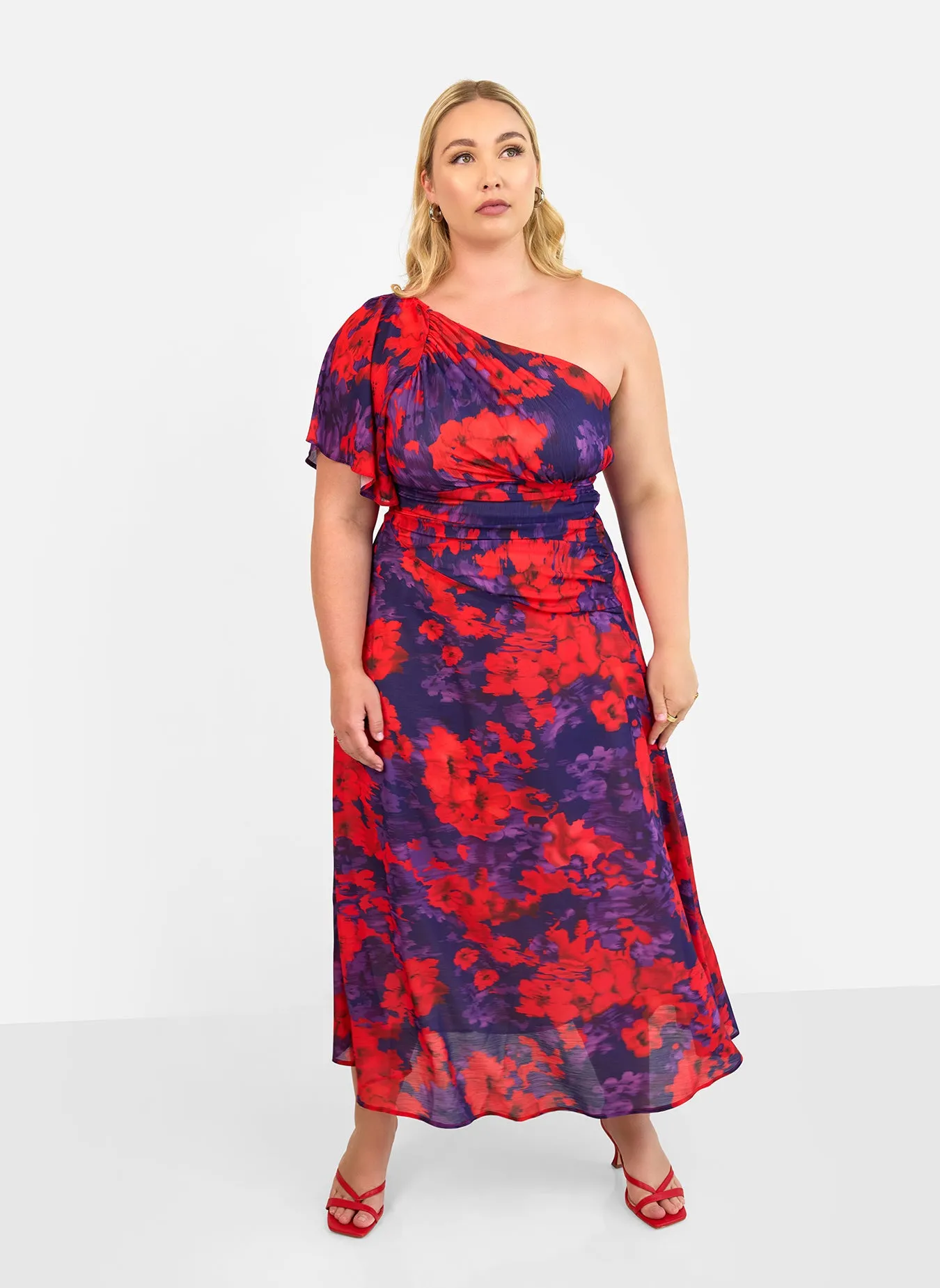 Aurora Floral One Shoulder Maxi A Line Dress