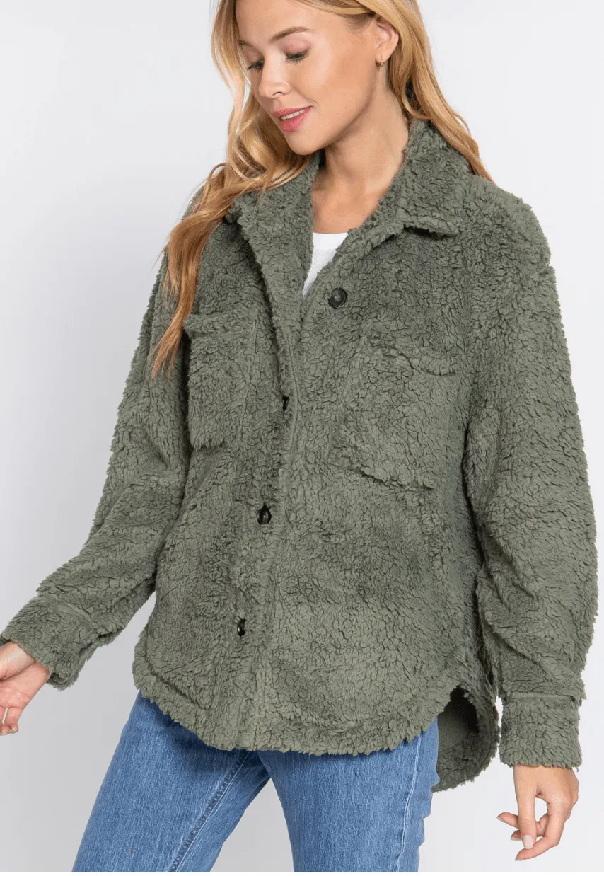 Basic Long Sleeve Button Down Patch Pocket Oversized Jacket - J13352