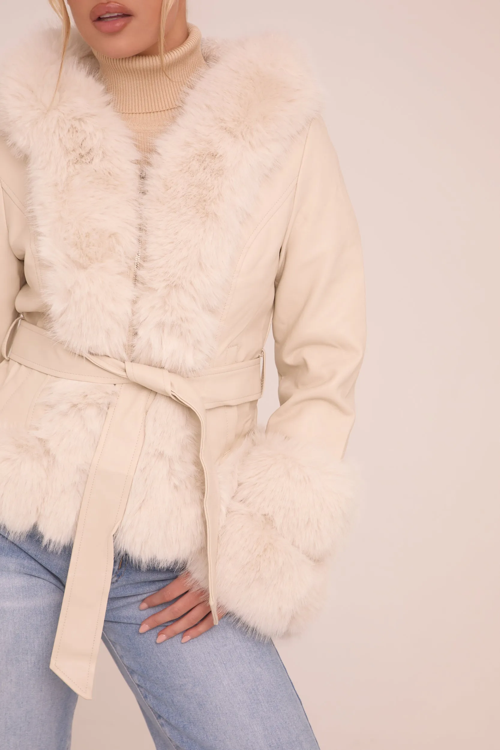 Beige Faux Leather Fur Trim Jacket - Casey