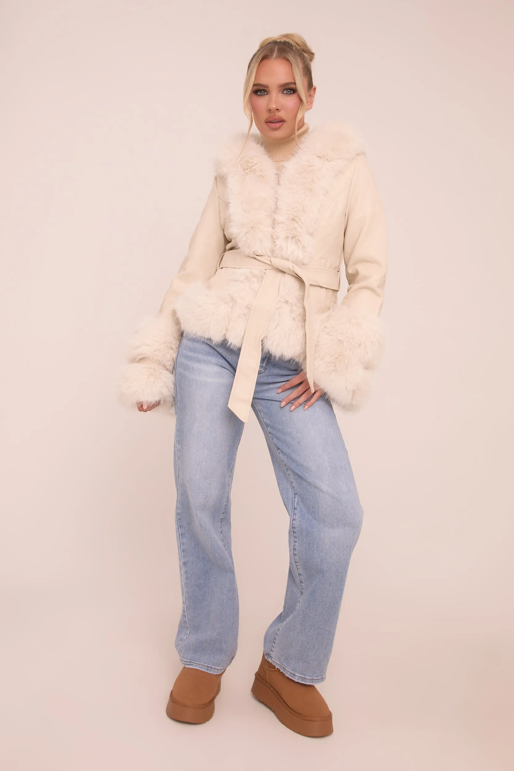 Beige Faux Leather Fur Trim Jacket - Casey