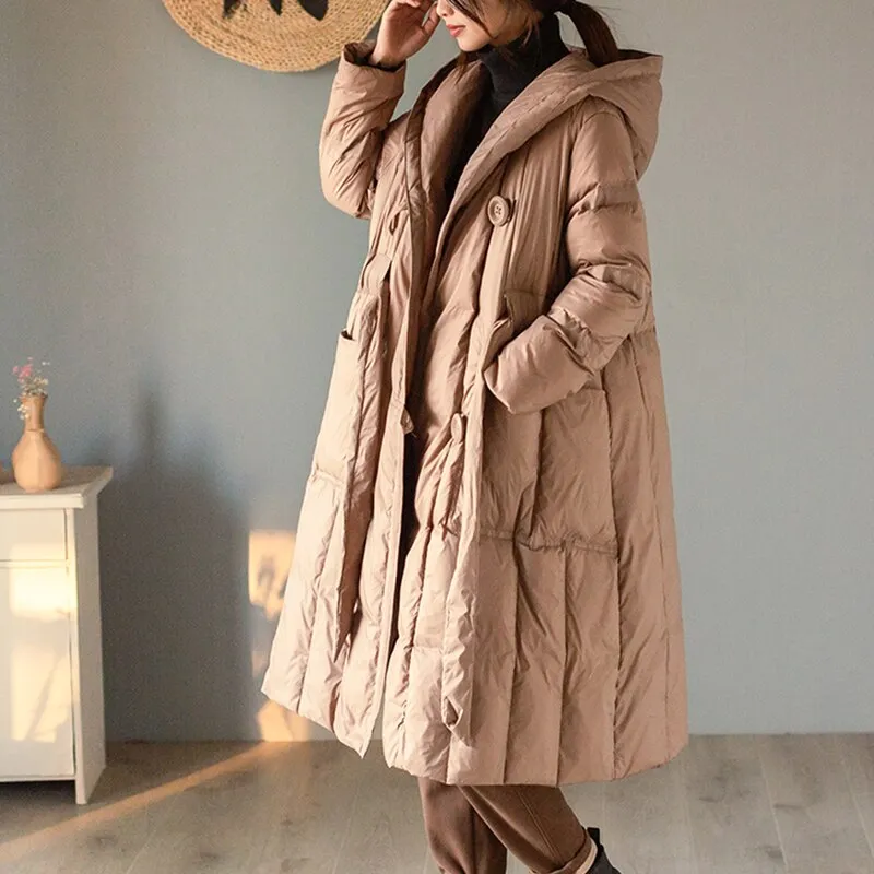 Black Friday Sales New Winter Women Hooded 90% White Duck Down Long Parka Casual Female Loose Pocket Down Coat Thick Warm Outwear