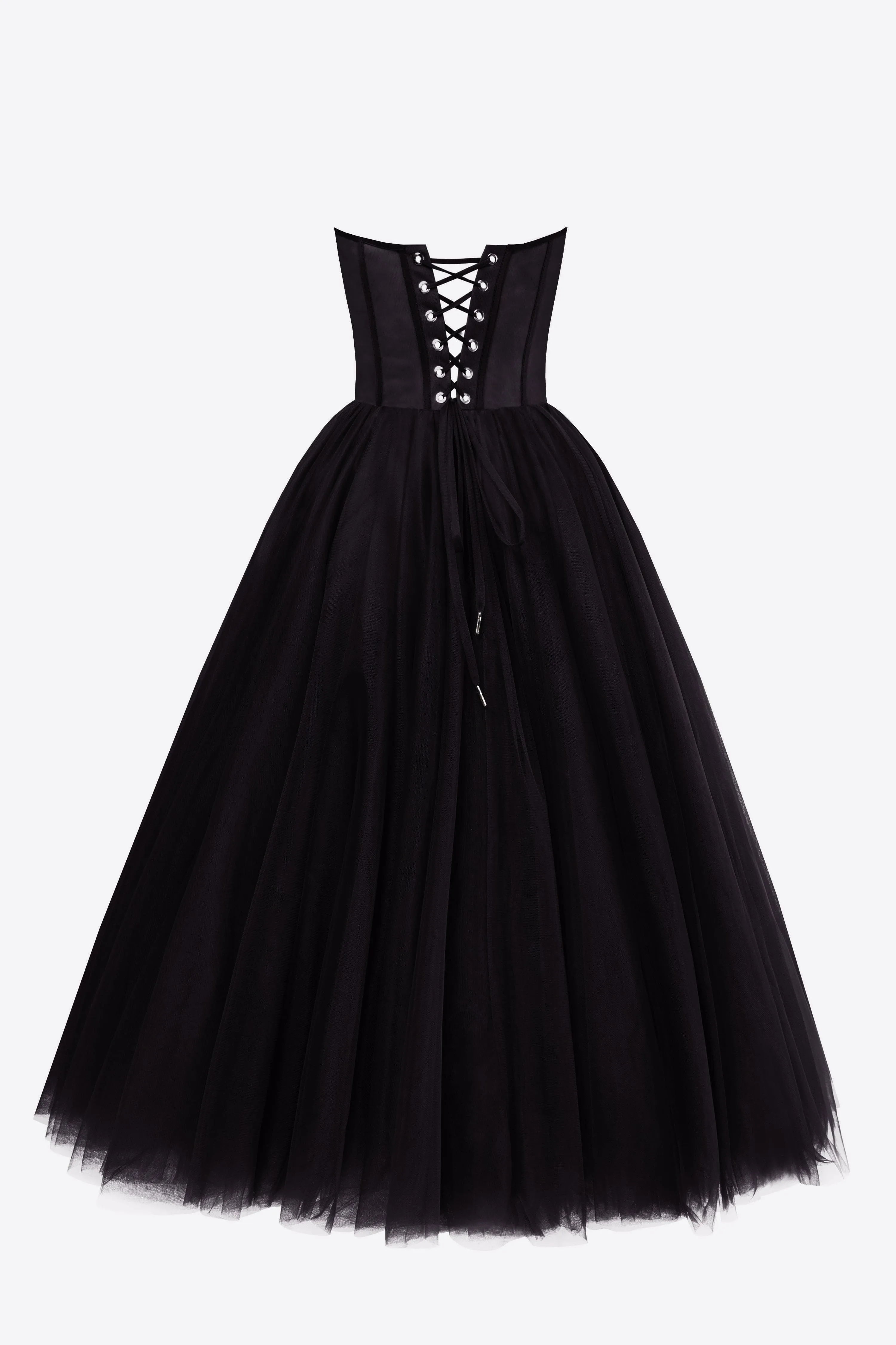 Black Strapless Puffy Midi Tulle Dress