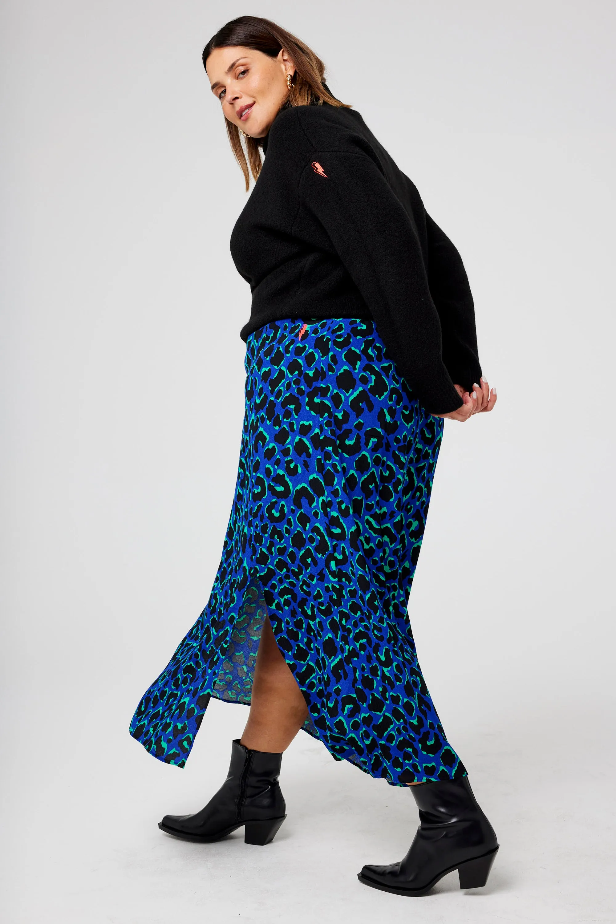 Blue with Green and Black Shadow Leopard Split Front Skirt