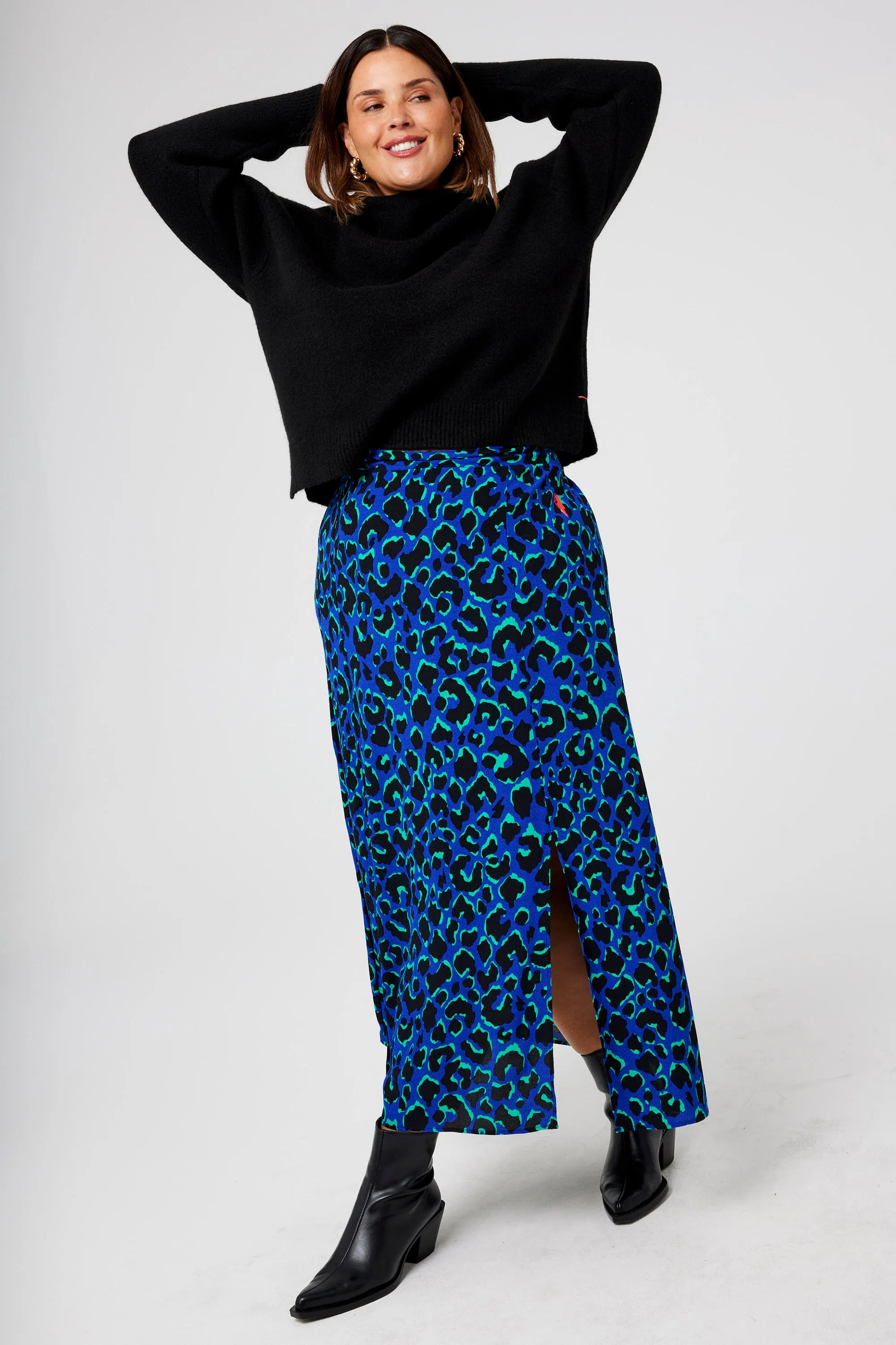 Blue with Green and Black Shadow Leopard Split Front Skirt