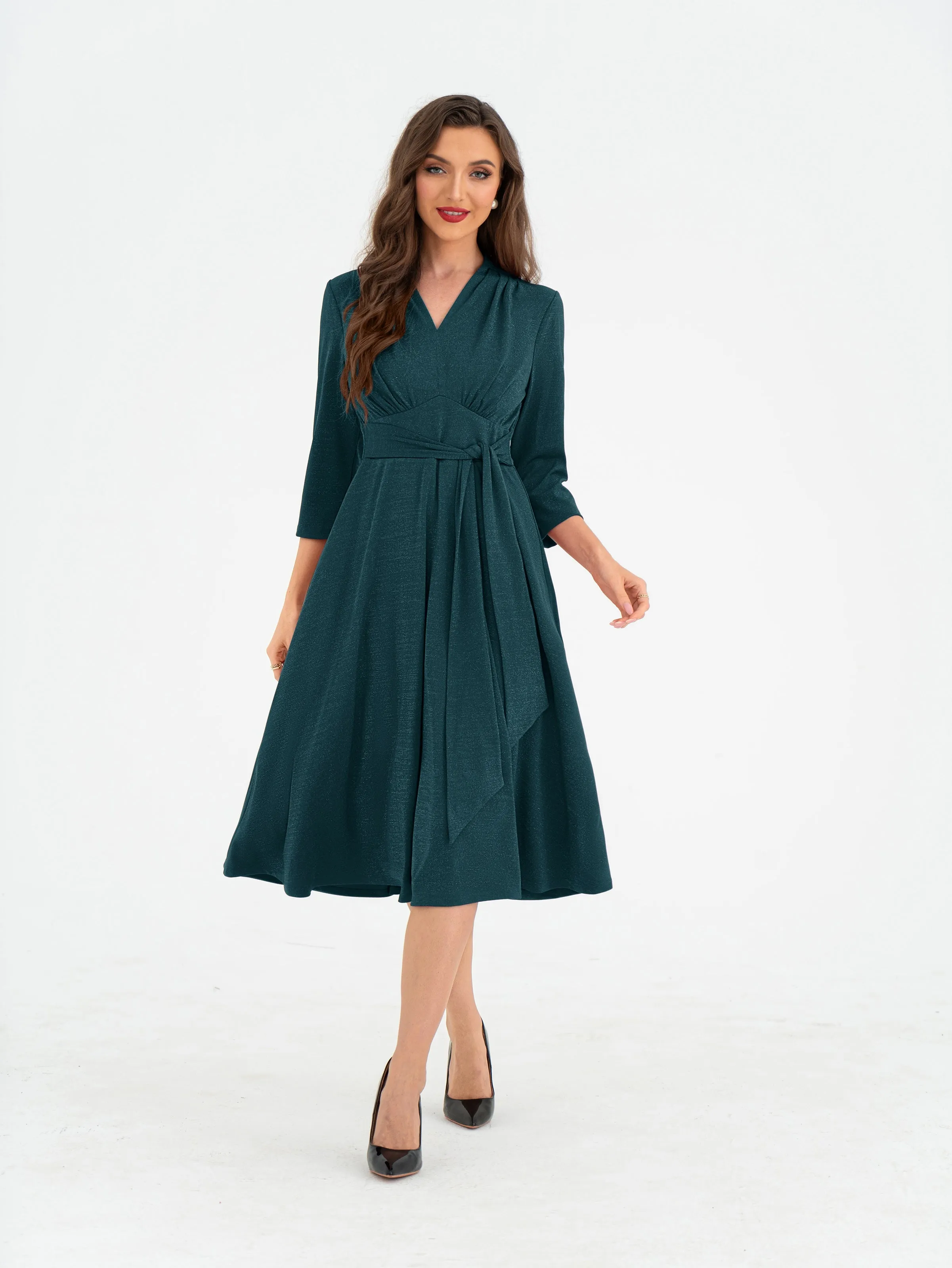 BP Women Vintage Empire Waist Dress 3/4 Sleeve V-Neck Flared A-Line Dress