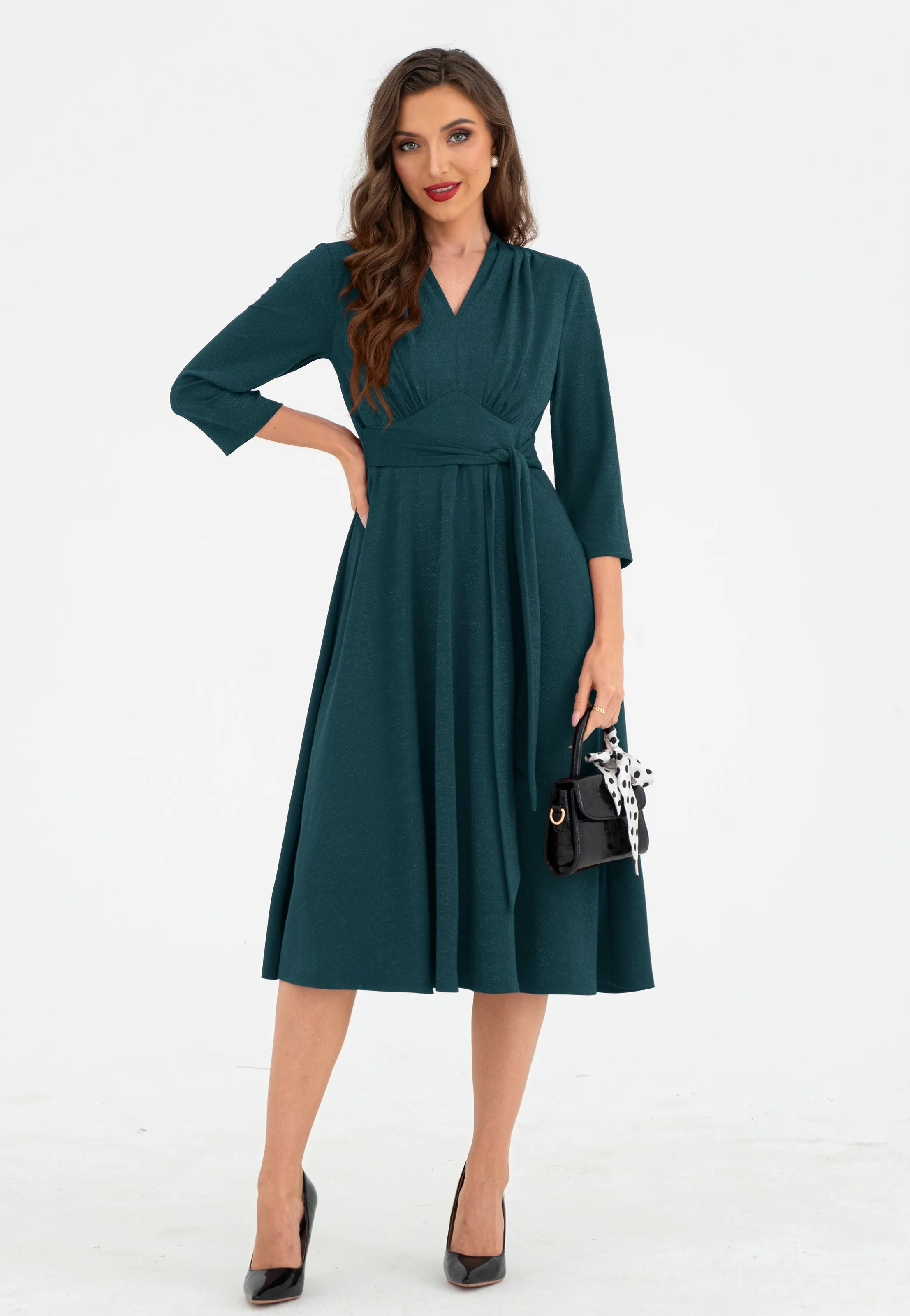 BP Women Vintage Empire Waist Dress 3/4 Sleeve V-Neck Flared A-Line Dress