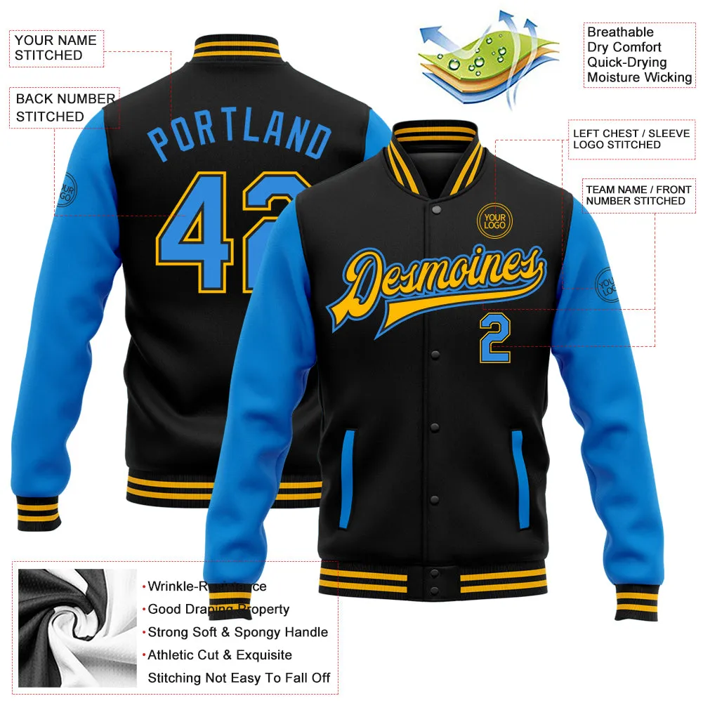 Custom Black Powder Blue-Gold Bomber Full-Snap Varsity Letterman Two Tone Jacket