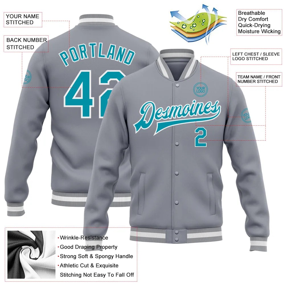 Custom Gray Teal-White Bomber Full-Snap Varsity Letterman Jacket