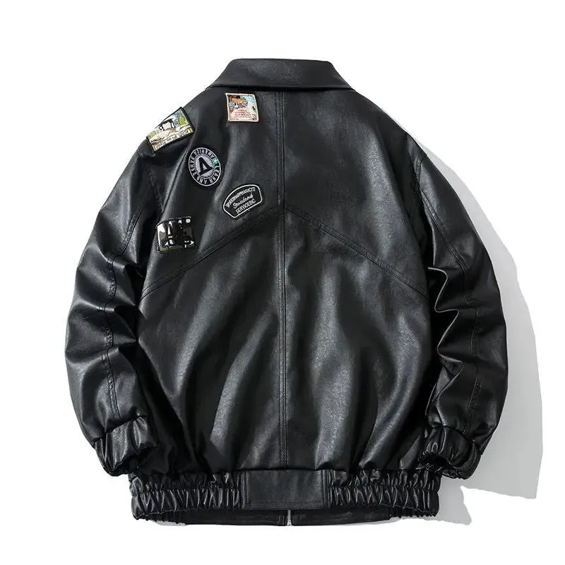 Fashionable Loose Lapel Collar Handsome Leather Jacket