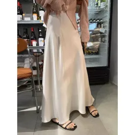 Girlary Elegant White Satin Skirt Women Ruffle Luxury Korean Fashion Long Skirts Solid Casual Slim Up Streetwear A-line Skirt