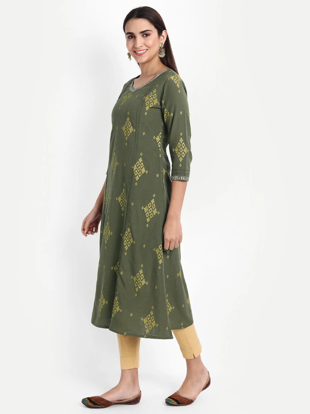 GOLD PRINTED EMBROIDERED A-LINE KURTA