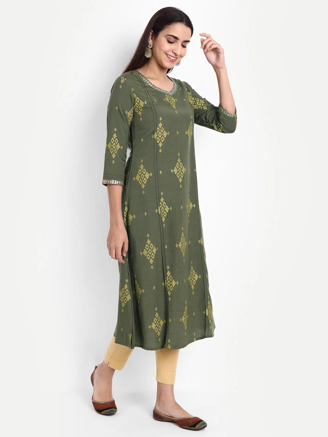 GOLD PRINTED EMBROIDERED A-LINE KURTA