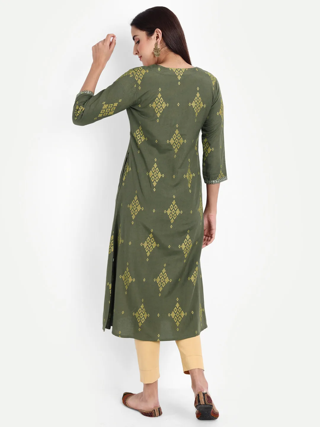 GOLD PRINTED EMBROIDERED A-LINE KURTA