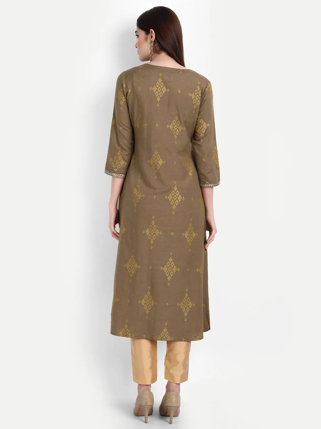 GOLD PRINTED EMBROIDERED A-LINE KURTA