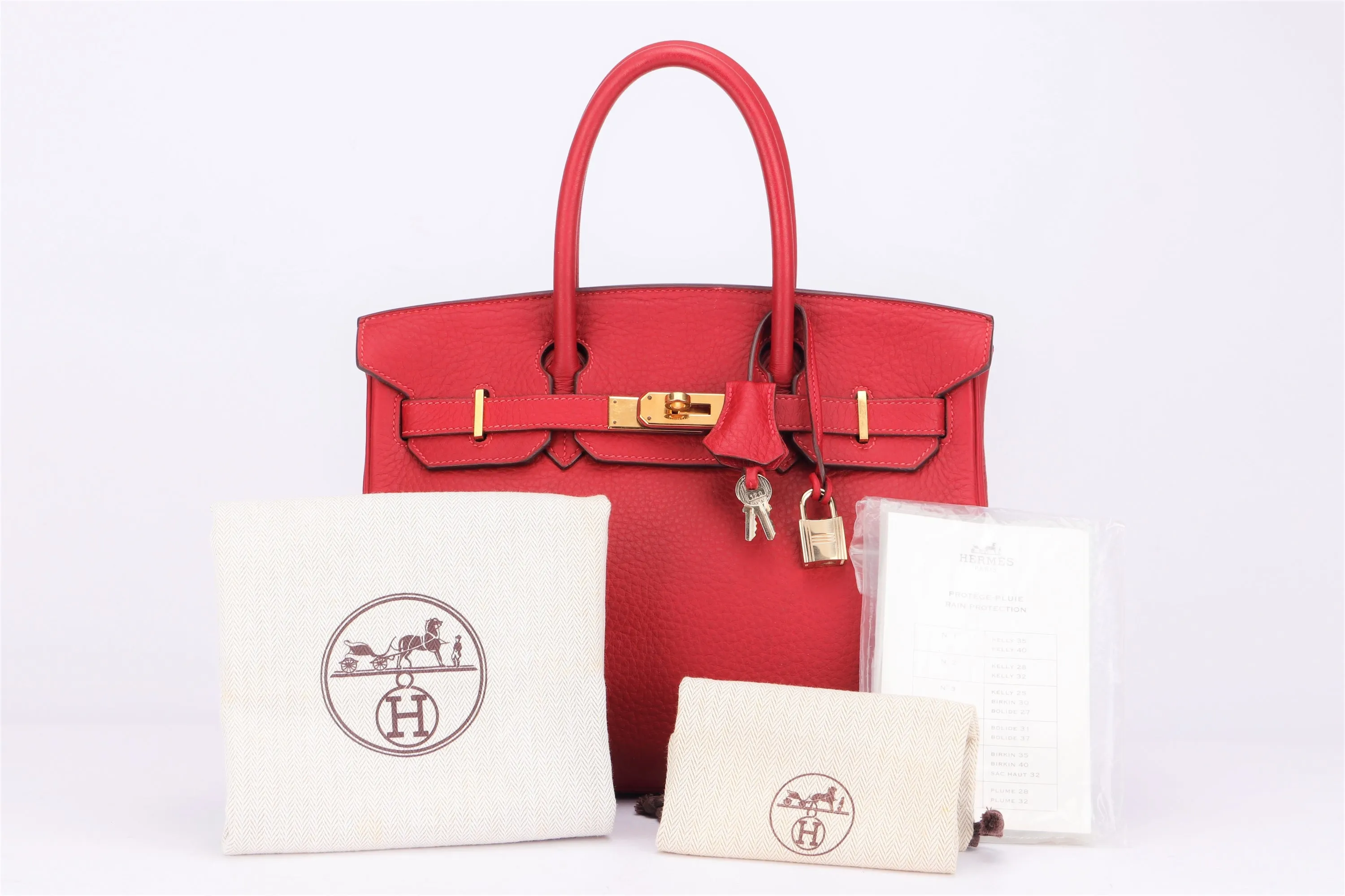 HERMES BIRKIN 30 (STAMP I (2005)) ROUGE GARANCE FJORD LEATHER GOLD HARDWARE, WITH KEYS, LOCK, RAINCOAT & DUST COVER