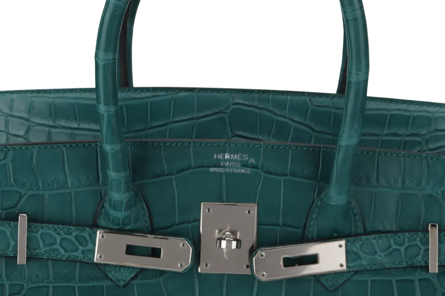 HERMES BIRKIN 35 MALACHITE MATTE POROSUS PALLADIUM HARDWARE STAMP T (2015) WITH LOCK&KEYS, DUST COVER AND RAINCOAT