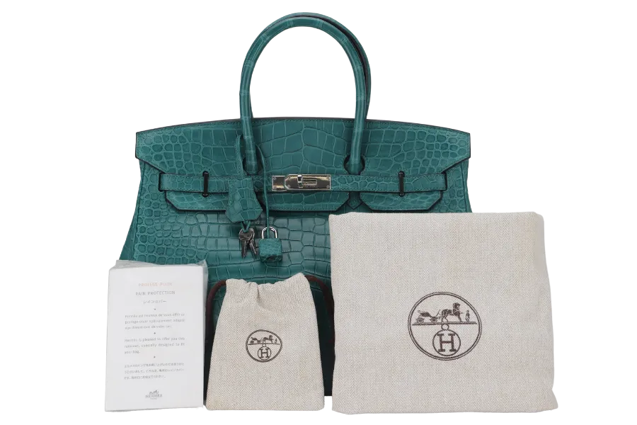 HERMES BIRKIN 35 MALACHITE MATTE POROSUS PALLADIUM HARDWARE STAMP T (2015) WITH LOCK&KEYS, DUST COVER AND RAINCOAT