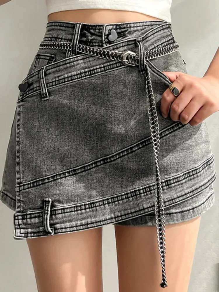 LVSANW DEAT Fashion Women's Denim Skirt New High Waist Irregular Chain Spliced Gray Above Knee Skirts Female Tide Summer 2024 17A1443