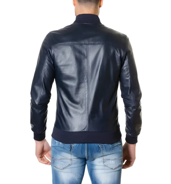 Mens Bomber Blue Leather Plain Jacket