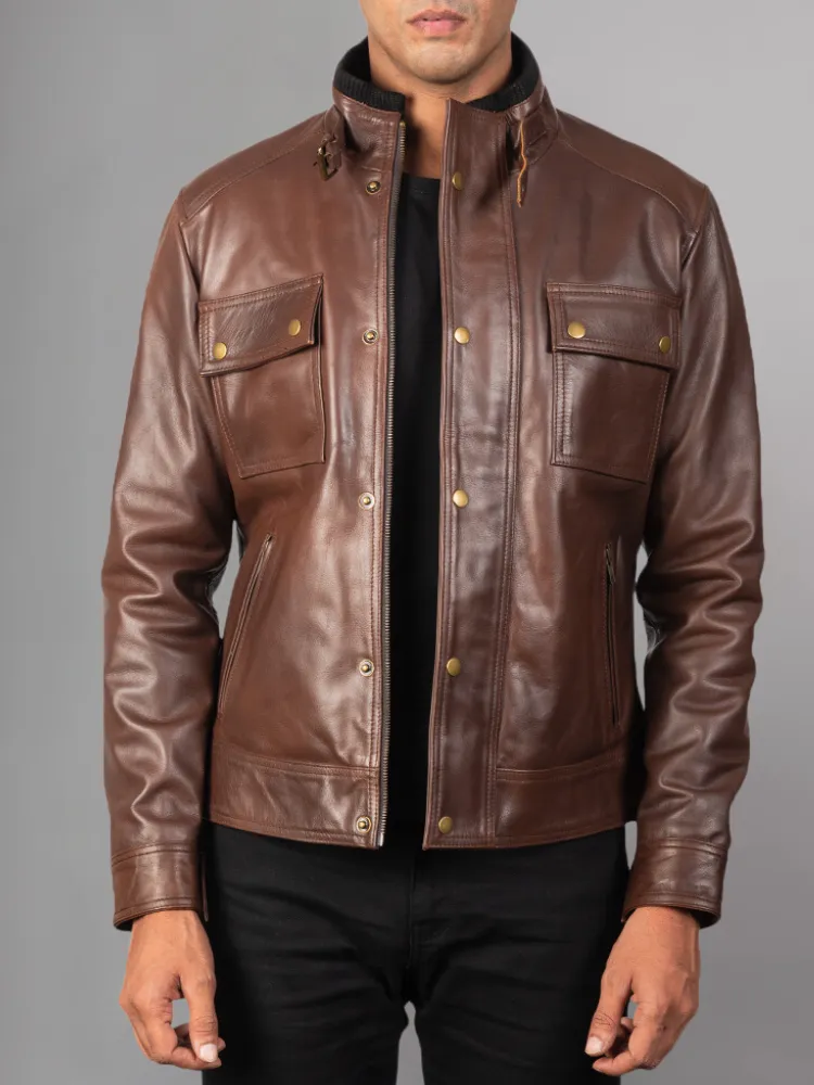 Mens Cafe Racer Distressed Brown Jacket