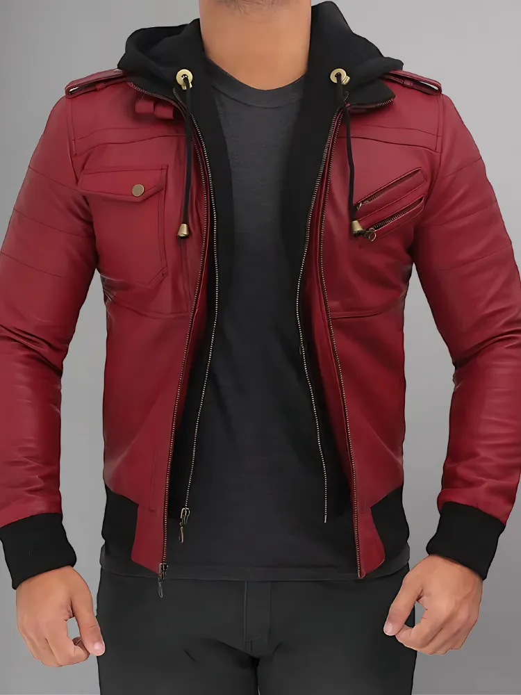 Mens Removable Hood Bomber Leather Jacket