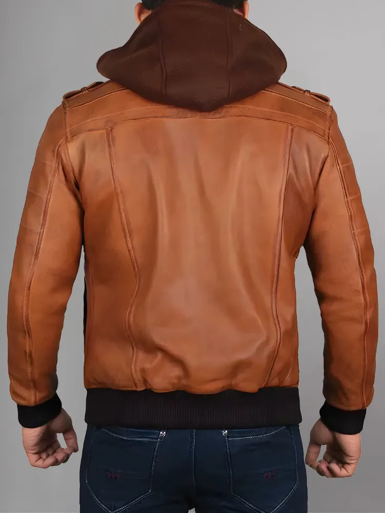 Mens Removable Hood Bomber Leather Jacket