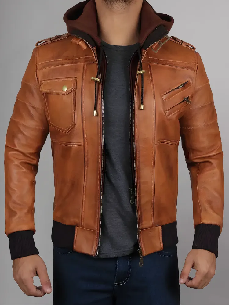 Mens Removable Hood Bomber Leather Jacket