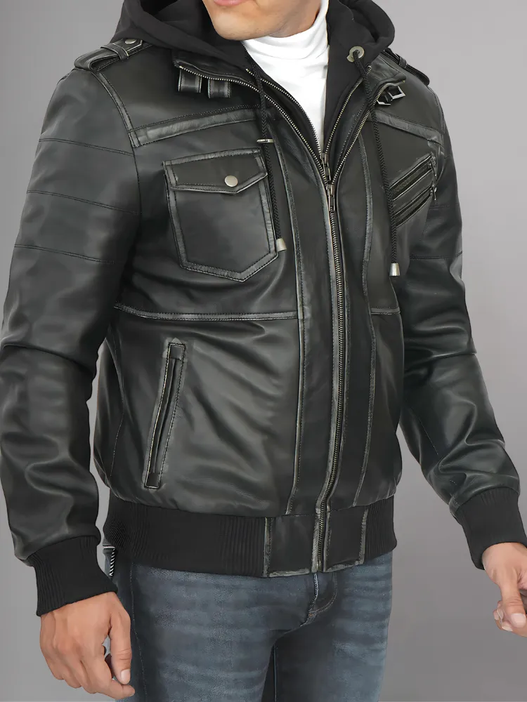 Mens Removable Hood Bomber Leather Jacket