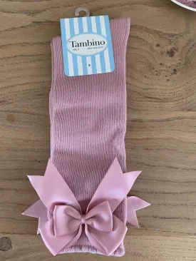 Tambino Socks - Girl's Dusky Pink Knee High Bow Socks