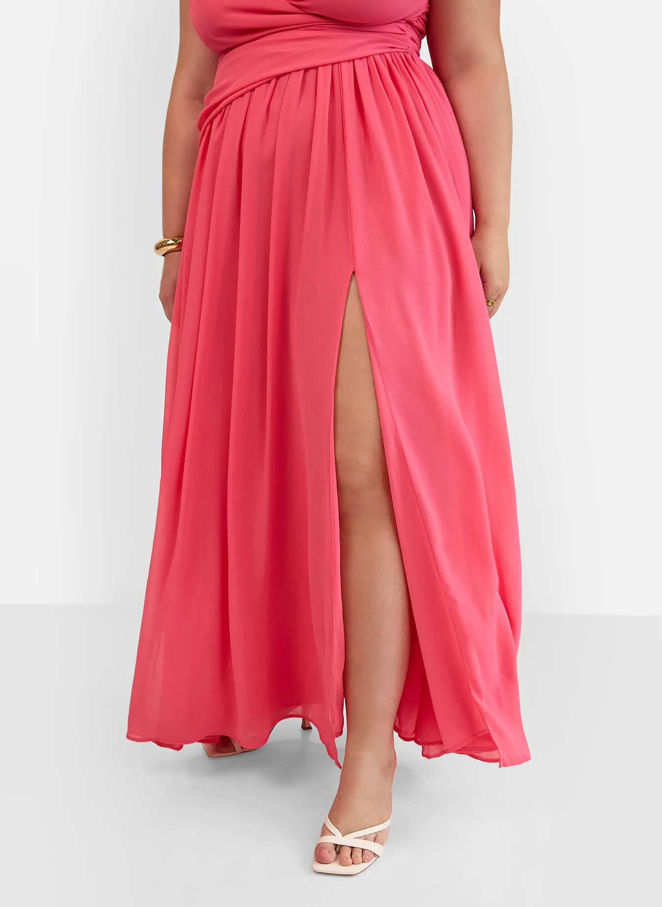 Vittoria Chiffon Drape Maxi A Line Dress - Coral Pink