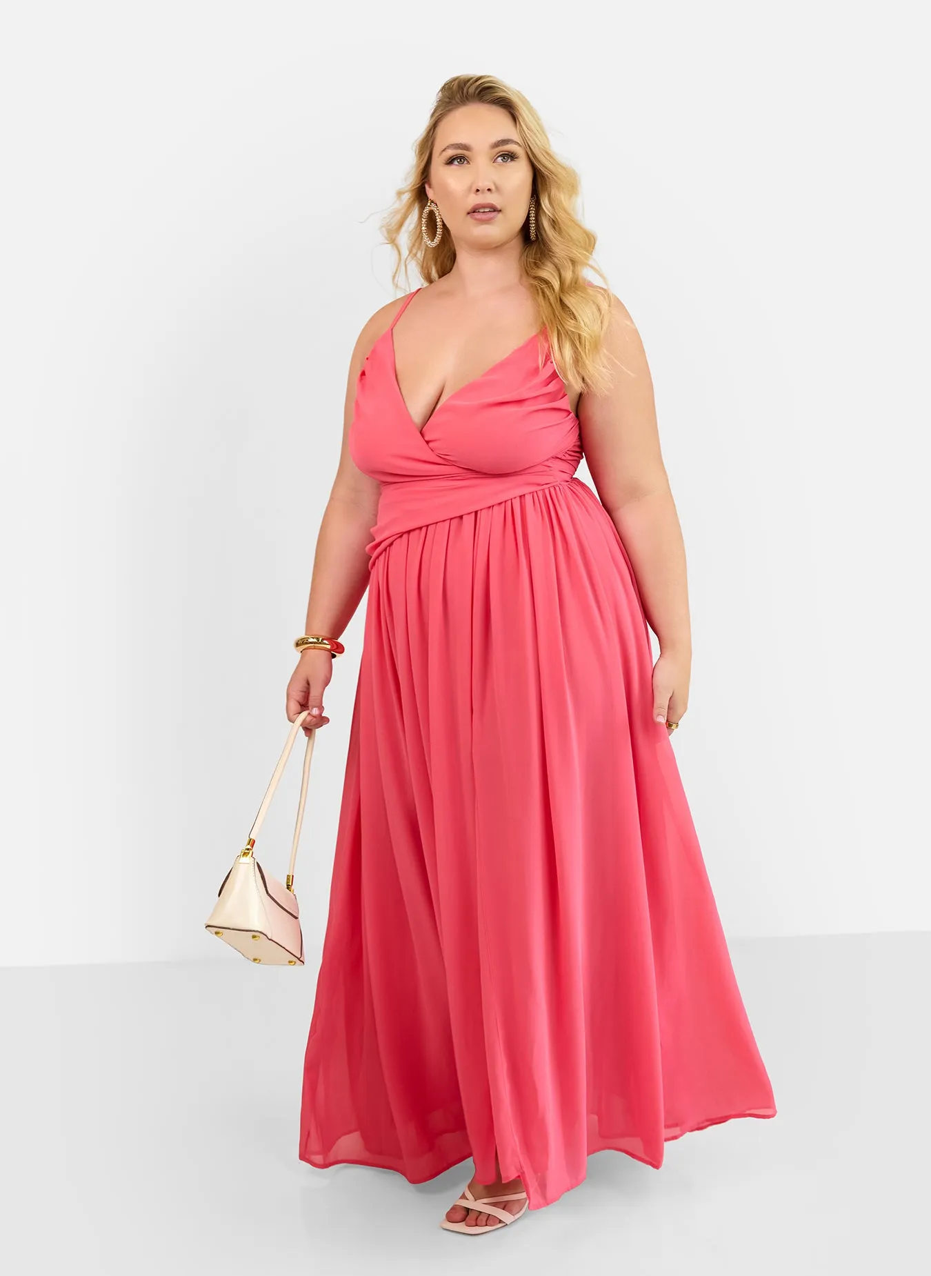 Vittoria Chiffon Drape Maxi A Line Dress - Coral Pink