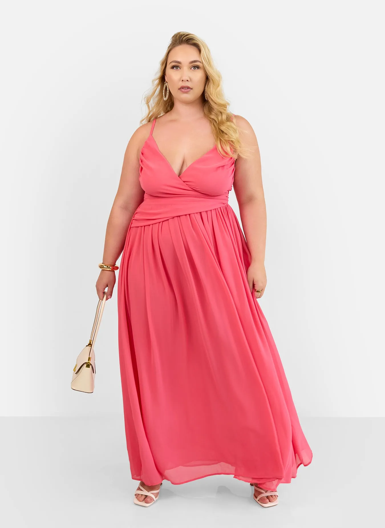 Vittoria Chiffon Drape Maxi A Line Dress - Coral Pink